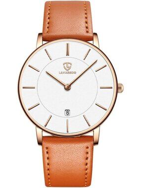 Men's Orange White Leather Strap Analog Minimalist Fashion Simple Wrist Watch